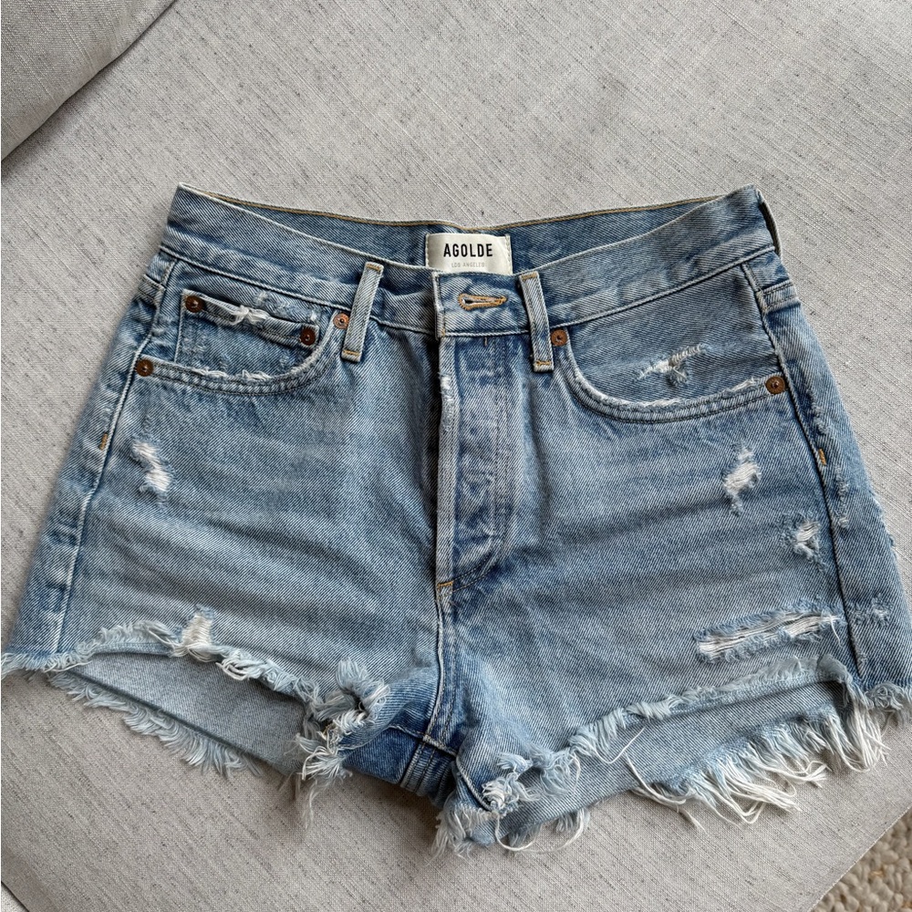Agolde Light Blue Distressed Jean Shorts